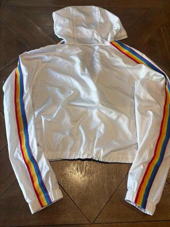 A. Lab Womens Windbreaker Jacket White Hoodie Full Zip Size L Rainbow - Picture 5 of 6